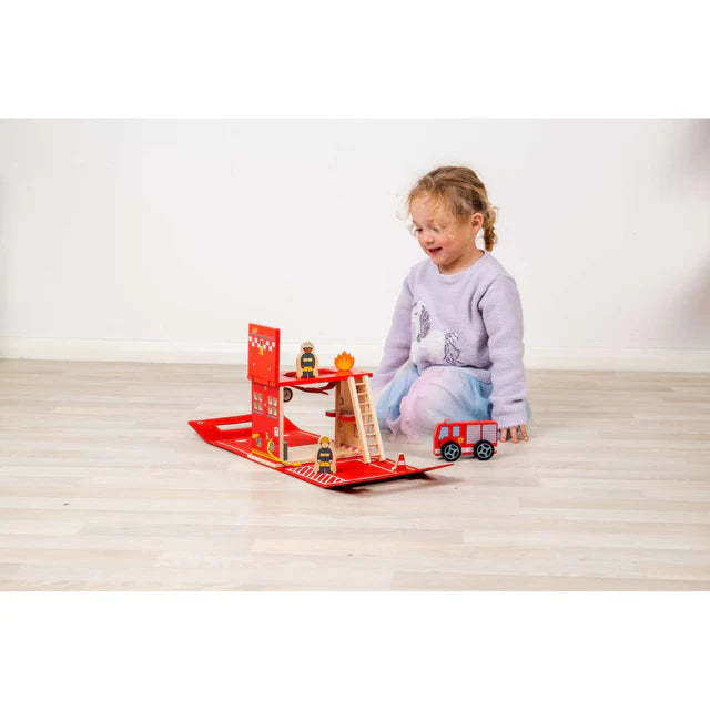 Bigjigs Toys Fire Station On The Go Wooden Playset