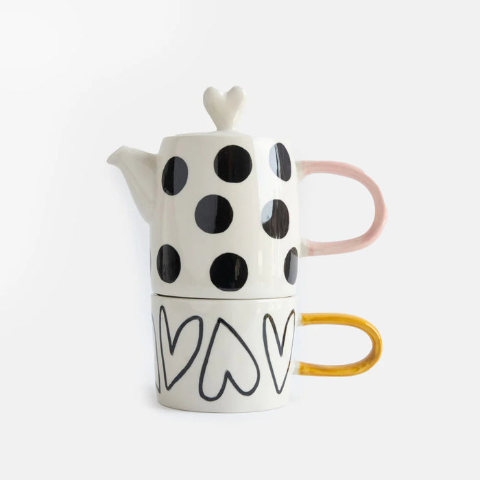 Caroline Gardner Mono Spots/Hearts Ceramic Teapot & Mug Set