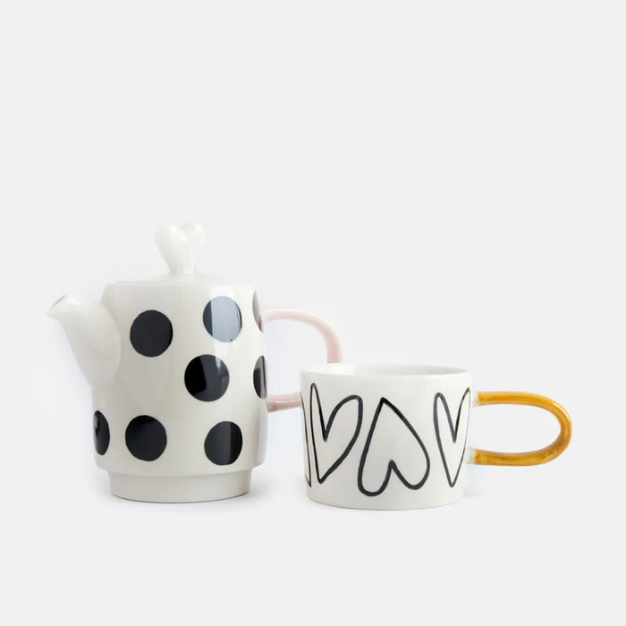 Caroline Gardner Mono Spots/Hearts Ceramic Teapot & Mug Set