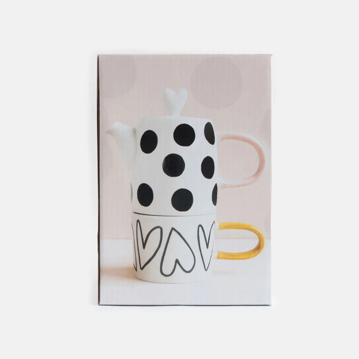 Caroline Gardner Mono Spots/Hearts Ceramic Teapot & Mug Set