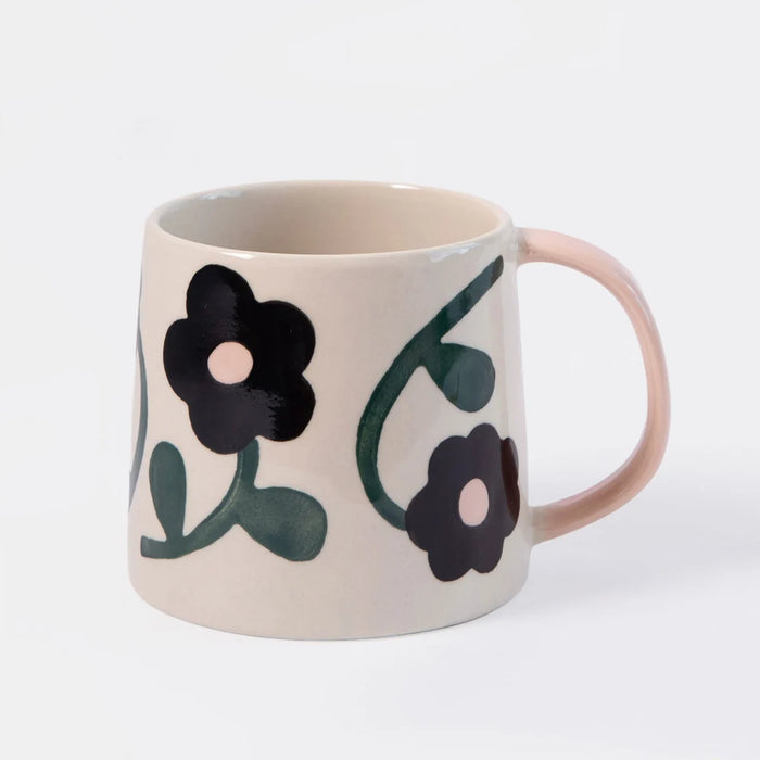 Caroline Gardner Charcoal & Pink Flowers Large Ceramic Mug