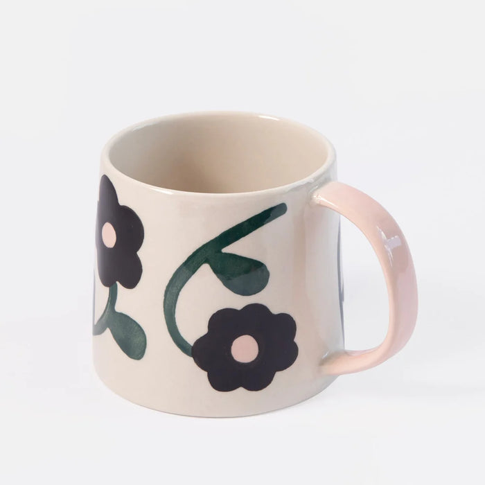 Caroline Gardner Charcoal & Pink Flowers Large Ceramic Mug