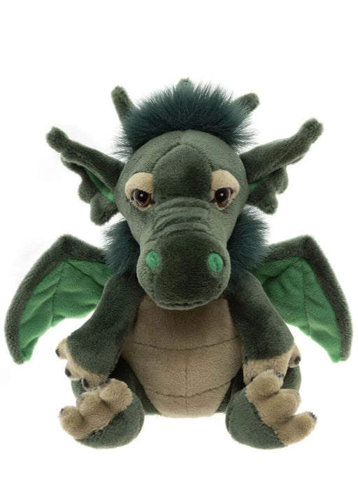 A green plush dragon toy with dark green wings, a beige belly, and brown eyes, photographed against a plain white background.