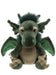 A green plush dragon toy with dark green wings, a beige belly, and brown eyes, photographed against a plain white background.