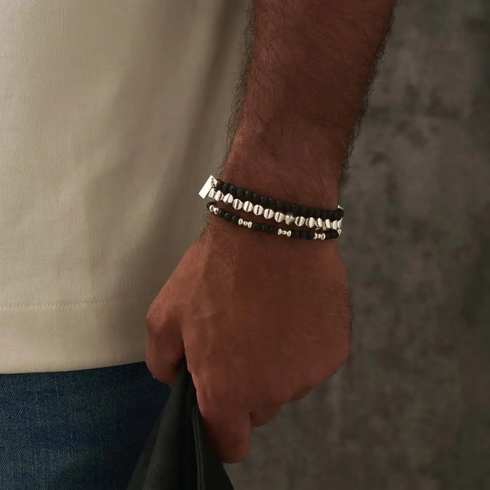 ChloBo Men's Black Lava Saucer Silver Bracelet