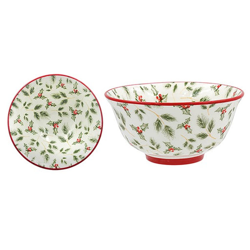 A white ceramic bowl with a festive holly and berry pattern, shown from two angles: a flat top-down view on the left and a side profile on the right. The bowl features a red rim and base, with green holly leaves and red berries printed all over.