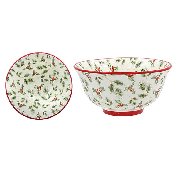 A white ceramic bowl with a festive holly and berry pattern, shown from two angles: a flat top-down view on the left and a side profile on the right. The bowl features a red rim and base, with green holly leaves and red berries printed all over.
