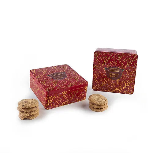Red Holly Berry Embossed Tin Of Cranberry Biscuits 250g