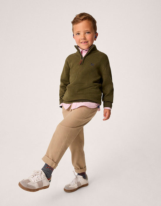 Crew Clothing Boys Heritage Organic Cotton Half Zip Knit In Khaki Marl