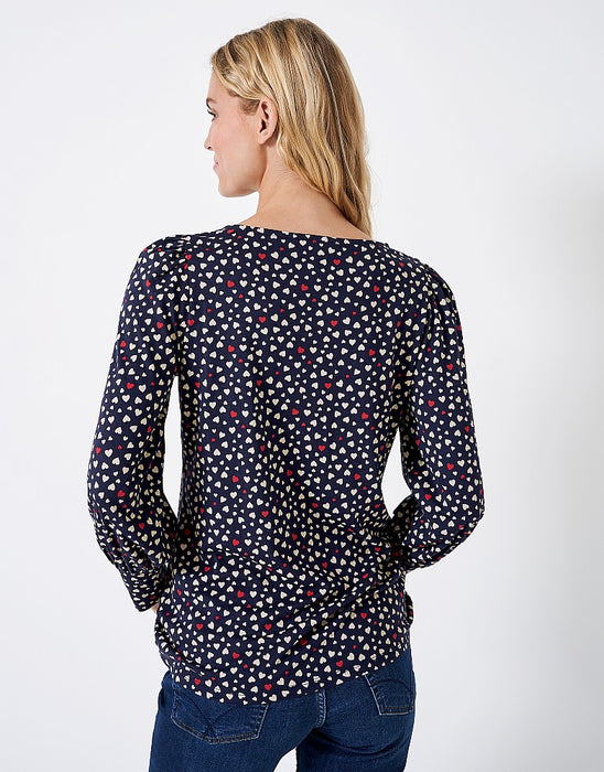 Crew Clothing Women's Blouson Heart Print Jersey Top - Navy Red Heart