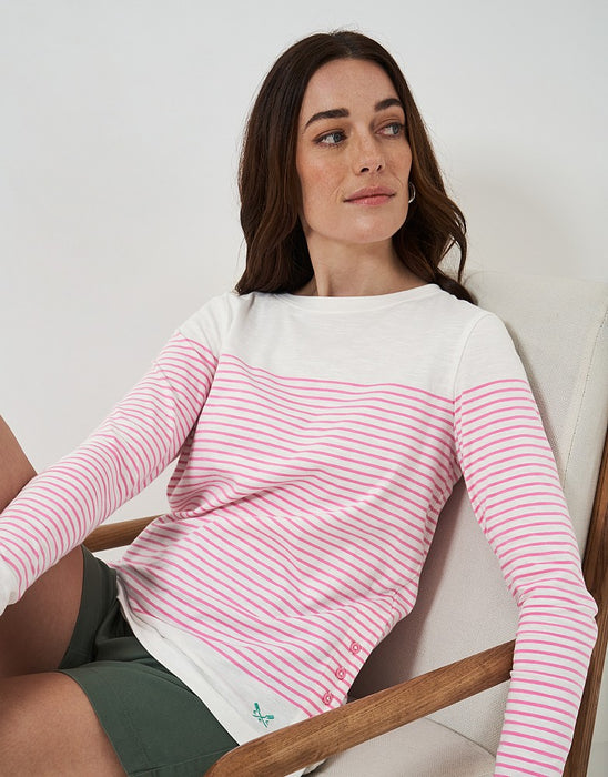 Crew Clothing Women's Cassandra Heart Stripe Button Top White Pink Stripe