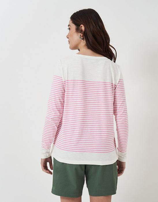 Crew Clothing Women's Cassandra Heart Stripe Button Top White Pink Stripe