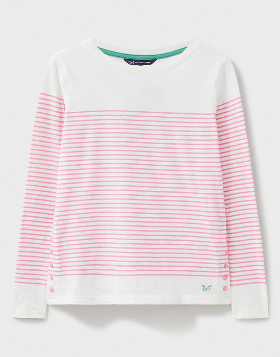 Crew Clothing Women's Cassandra Heart Stripe Button Top White Pink Stripe