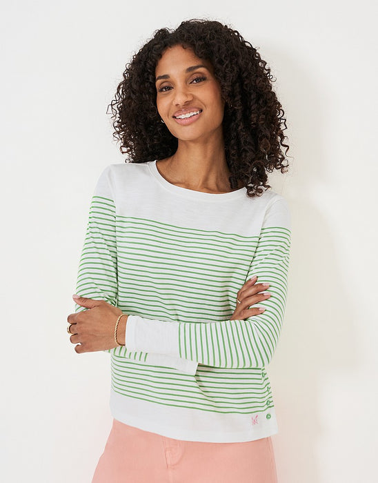 Crew Clothing Women's Cassandra Heart Stripe Button Top White Green Stripe