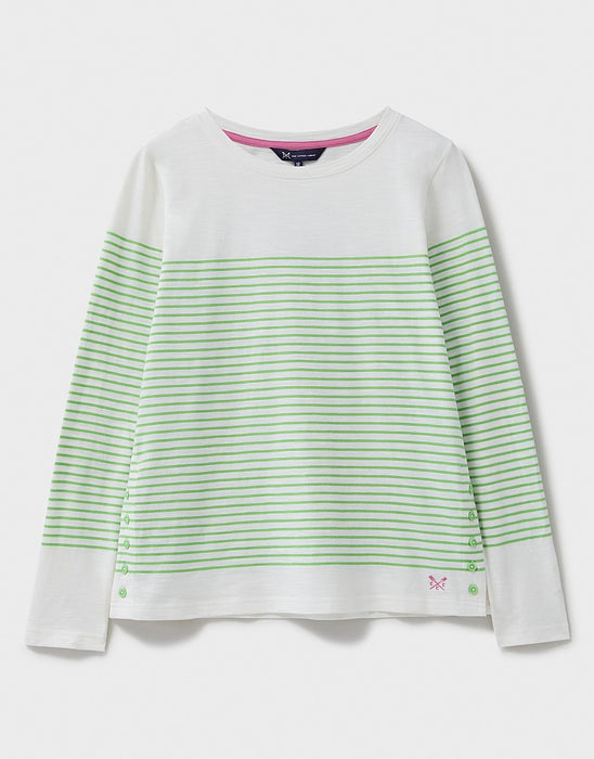 Crew Clothing Women's Cassandra Heart Stripe Button Top White Green Stripe