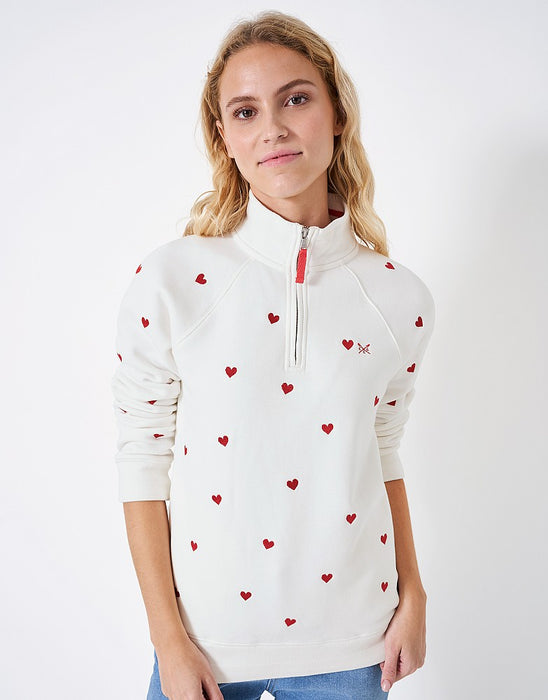 Crew Clothing Women's Half Zip Heart Print Sweatshirt - White Red Heart