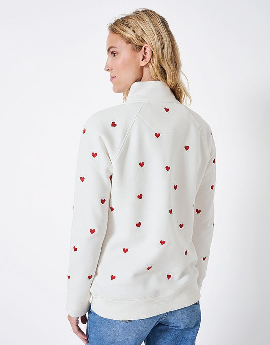 Crew Clothing Women's Half Zip Heart Print Sweatshirt - White Red Heart