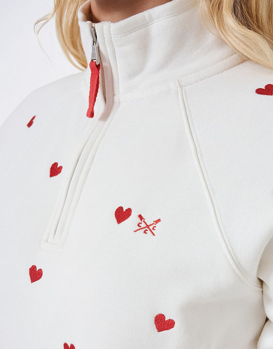 Crew Clothing Women's Half Zip Heart Print Sweatshirt - White Red Heart