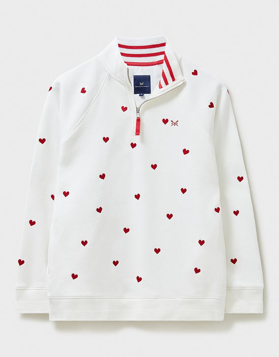 Crew Clothing Women's Half Zip Heart Print Sweatshirt - White Red Heart