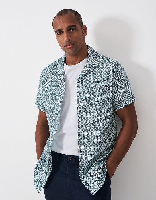 Crew Clothing Men's Linen-Blend Revere Shirt In White & Blue