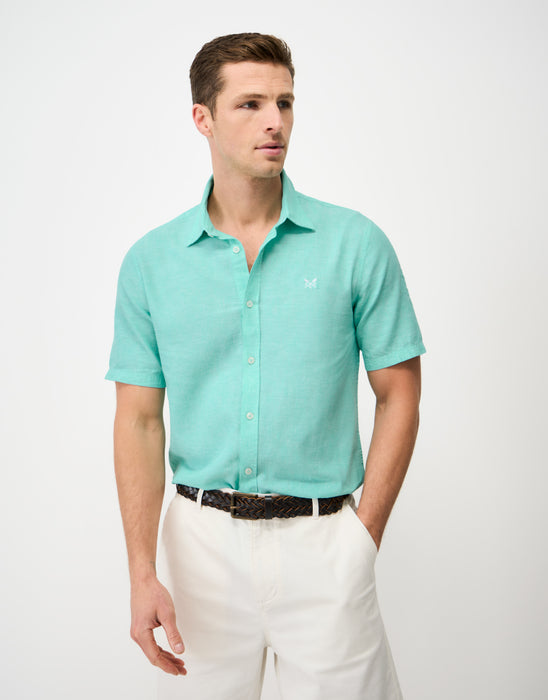 Crew Clothing Mens Short-Sleeve Linen Blend Shirt in Pool Blue White