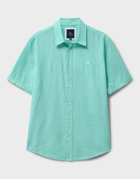 Crew Clothing Mens Short-Sleeve Linen Blend Shirt in Pool Blue White