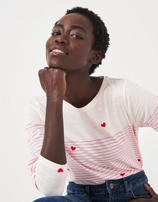 Crew Clothing Women's Cassandra Heart Stripe Button Top - White Red Heart