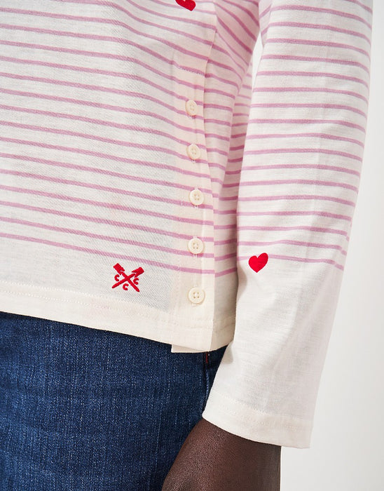 Crew Clothing Women's Cassandra Heart Stripe Button Top White Red Heart