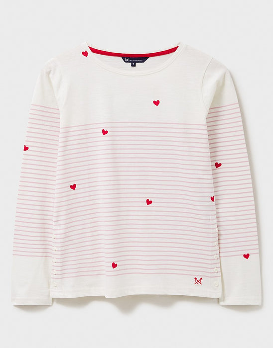 Crew Clothing Women's Cassandra Heart Stripe Button Top - White Red Heart
