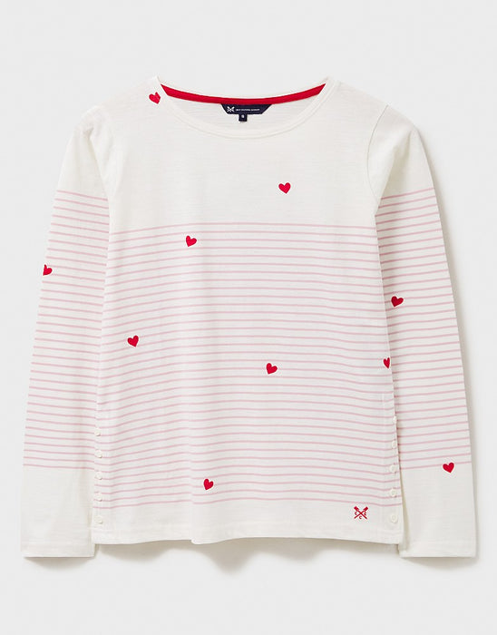 Crew Clothing Women's Cassandra Heart Stripe Button Top White Red Heart