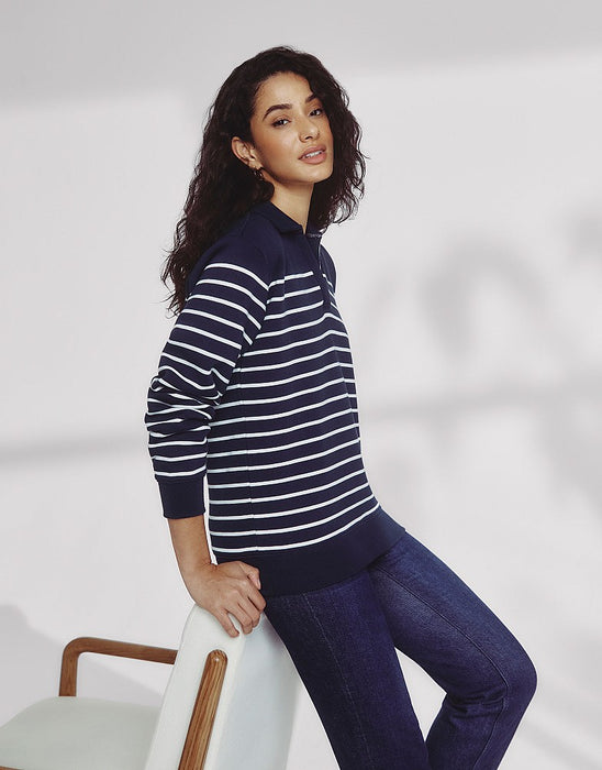 Crew Clothing Women's Sandy Collared Stripe Sweatshirt - Dark Navy White