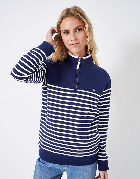 Crew Clothing Women's Half Zip Block Stripe Sweatshirt In Dark Blue White Stripe