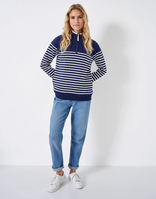 Crew Clothing Women's Half Zip Block Stripe Sweatshirt In Dark Blue White Stripe