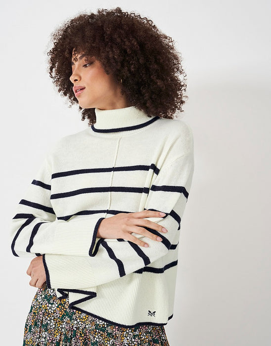 Crew Clothing Women's Wide Sleeve Lambswool Roll Neck Jumper - White Dark Navy