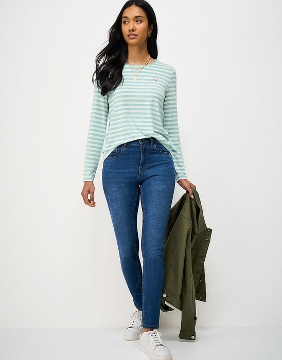 Crew Clothing Women's Super Soft Stripe Crew Neck Top in White Green