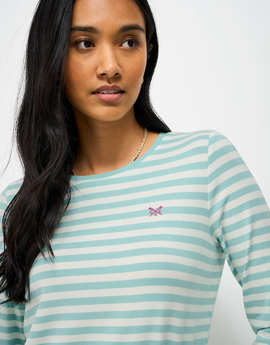 Crew Clothing Women's Super Soft Stripe Crew Neck Top in White Green