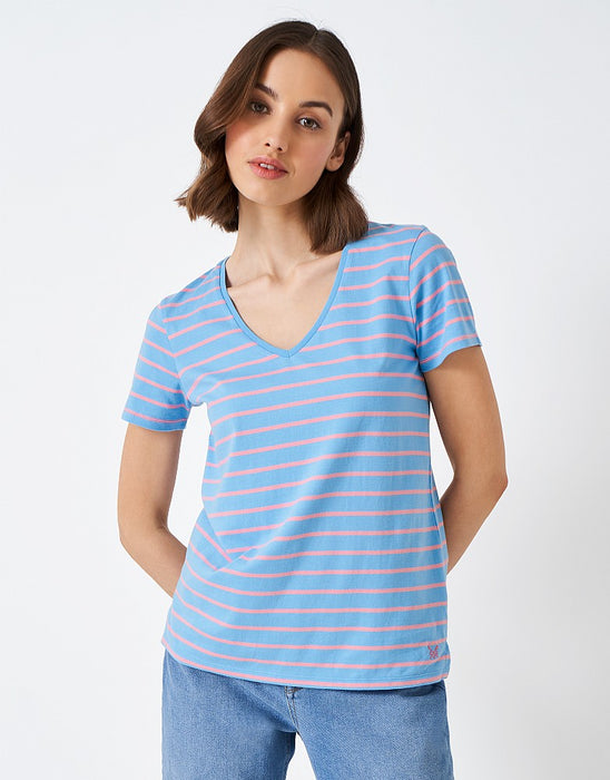 Crew Clothing Womens Breton V Neck T-shirt Blue Pink