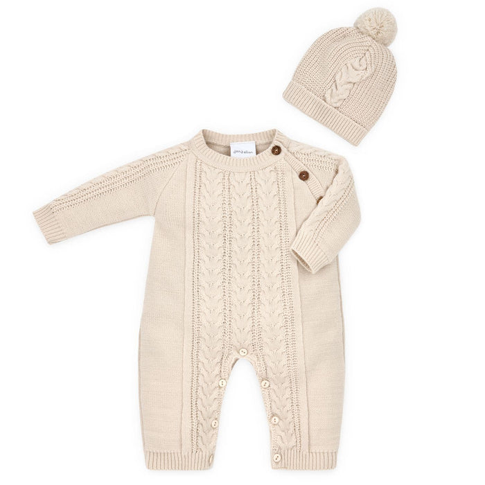 Dandelion Cable Knit Onsie & pom Pom Hat In Taupe
