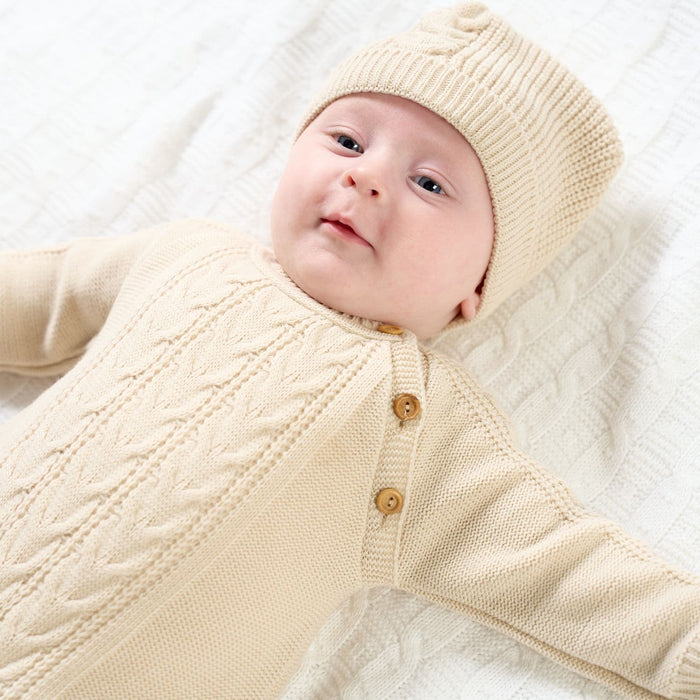 Dandelion Cable Knit Onsie & pom Pom Hat In Taupe
