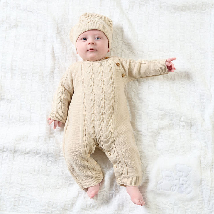 Dandelion Cable Knit Onsie & pom Pom Hat In Taupe