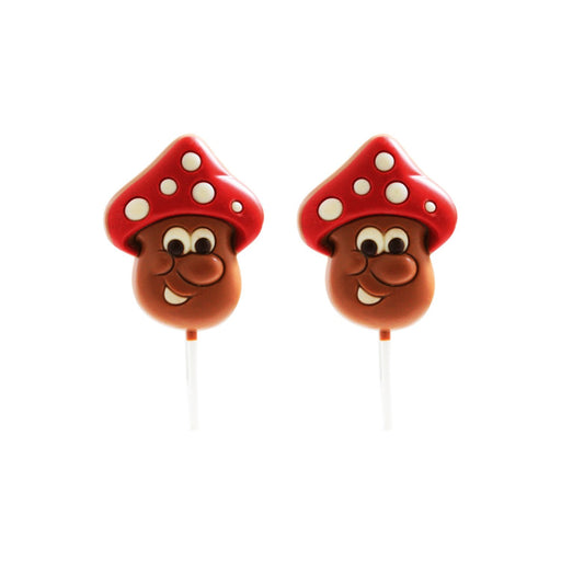 Two mushroom-shaped lollipops with red caps, white polka dots, and brown faces on white sticks, shown against a plain white background.