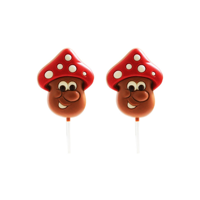 Two mushroom-shaped lollipops with red caps, white polka dots, and brown faces on white sticks, shown against a plain white background.
