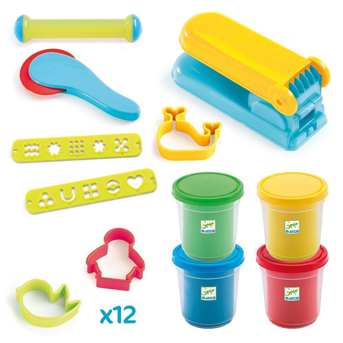 Djeco Dough Starter Set 4 Tubs & 15 Tools In Classic Colours