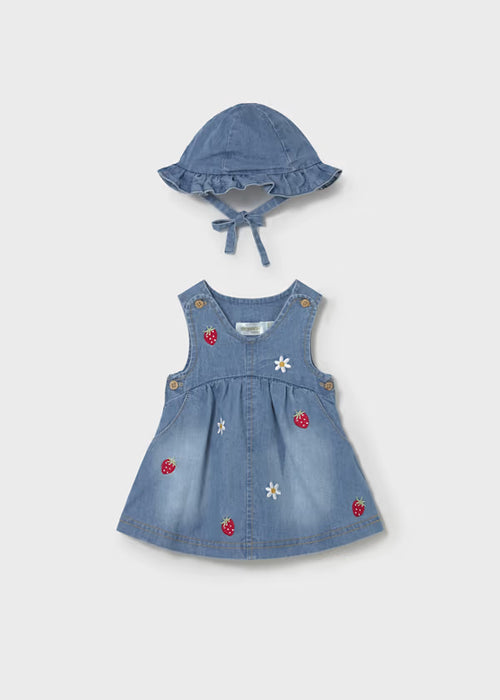 Mayoral Layette Girl Denim Dress With Ruffed Hat