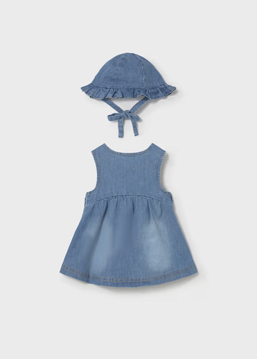 Mayoral Layette Girl Denim Dress With Ruffed Hat