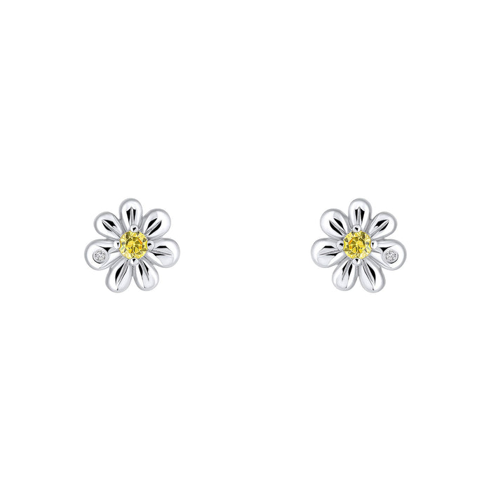 D For Diamond Daisy Stud Earrings with Yellow CZ and Diamond