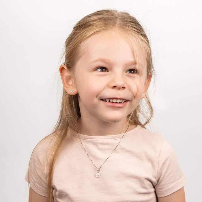 D For Diamond Carved Mother of Pearl Flower Stud Earrings with Diamond