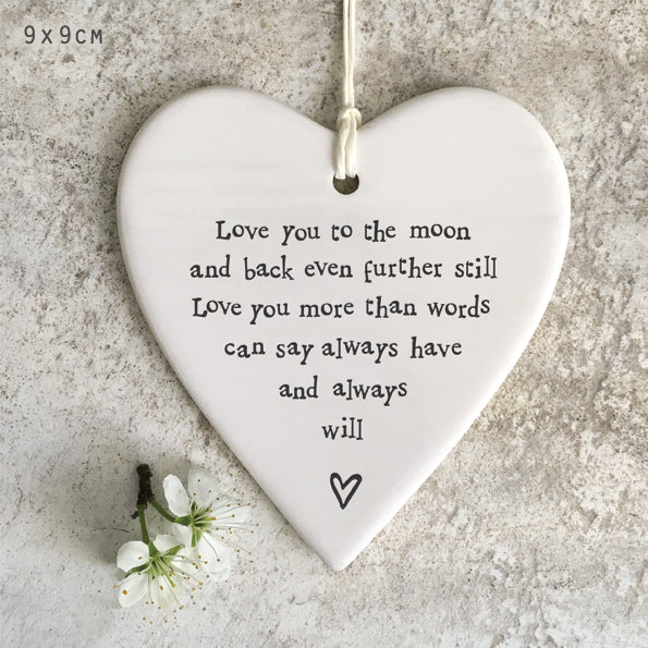 East of India White Porcelain Heart Love You To The Moon  Decoration