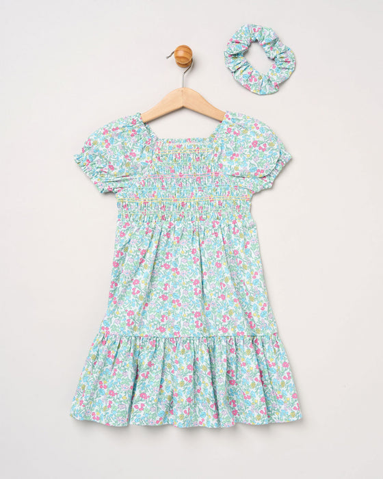 Willow & Whistle Floral Blue Shirred Dress And Scrunchie