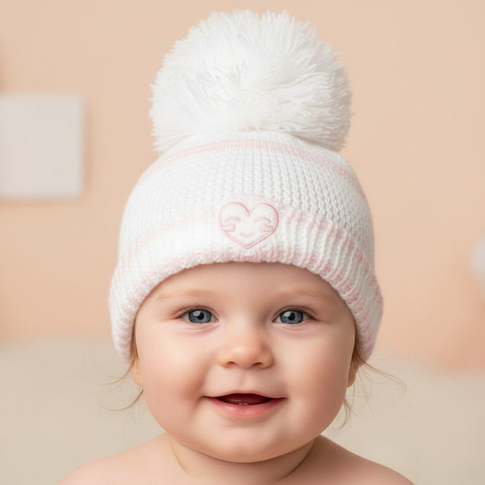 Elizabeth Anne Heart Pom Pom Hat in White Pink